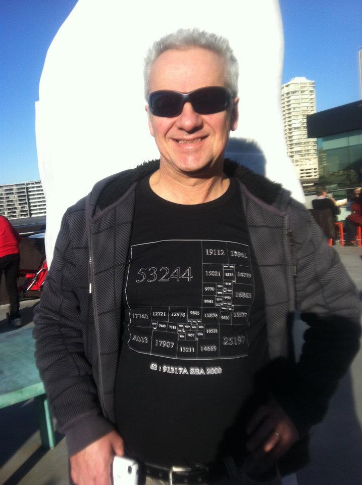 Stuart Anderson, 2012, in a T-shirt displaying his first squared square discovery